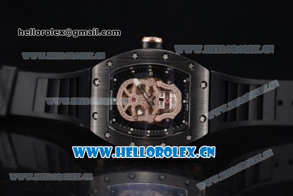 Richard Mille RM052 Miyota 9015 Automatic PVD/Rose Gold Case with Skull Dial and PVD Bezel Black Rubber Strap - Click Image to Close